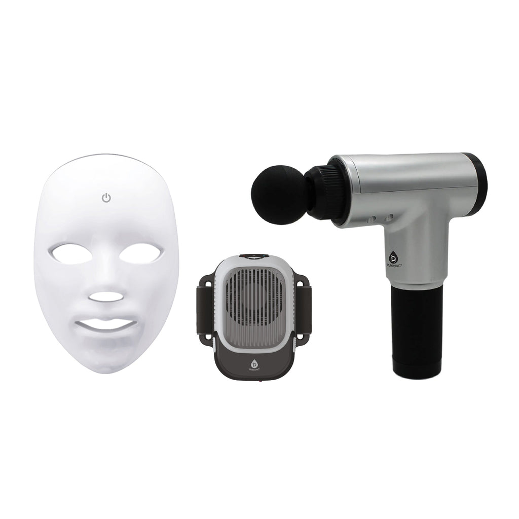 Total Wellness Recovery Bundle – Massage Gun, Red Light Therapy Mask & Hot/Cold Therapy Cube